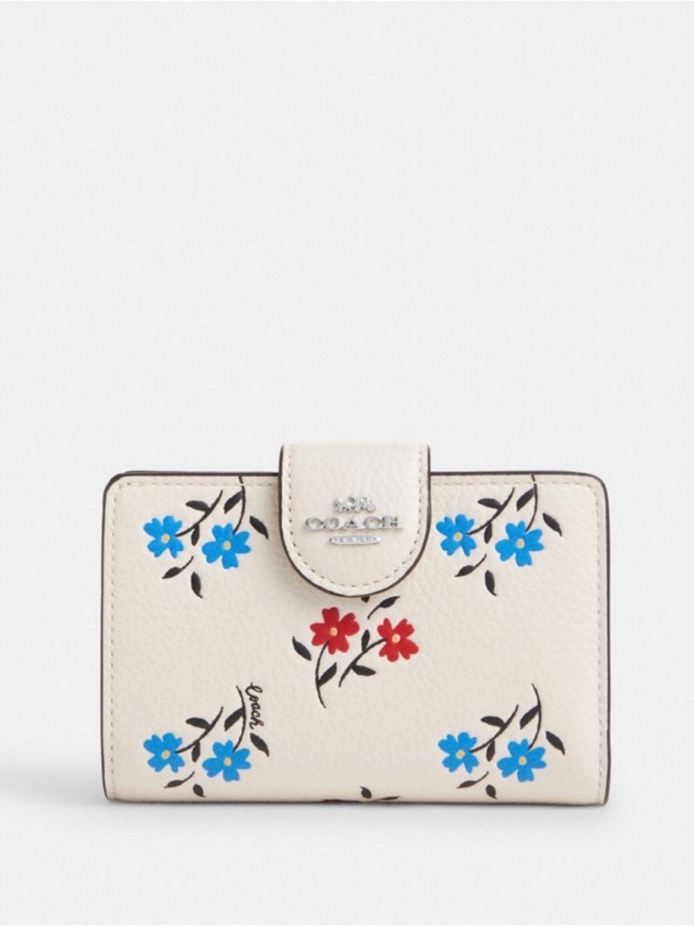 NWT Coach Cream Floral Compact Wallet with Blue and‎ Red Flowers